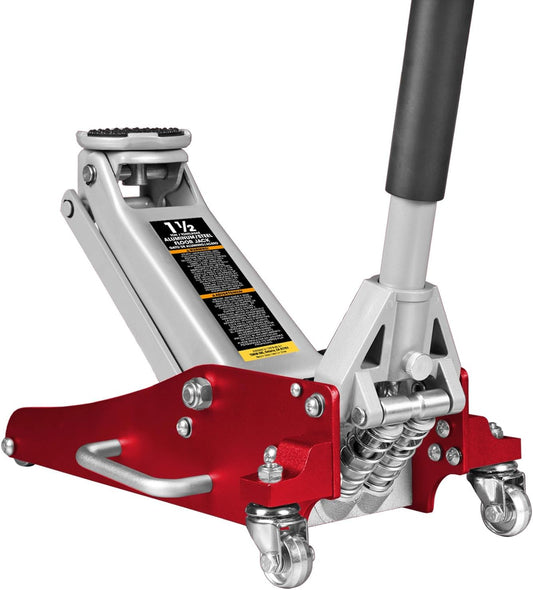 BIG RED T815016L Torin Hydraulic Low Profile Aluminum and Steel Racing Floor Jack with Dual Piston Quick Lift Pump, 1.5 Ton (3,000 lb) Capacity, Red