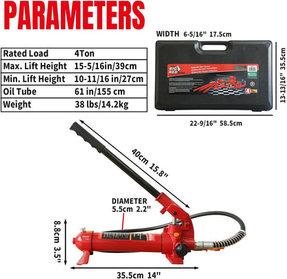 Big RED T70401S Torin Portable Hydraulic Ram: Auto Body Frame Repair Kit with Blow Mold Carrying Storage Case, 4 Ton (8,000 lb) Capacity