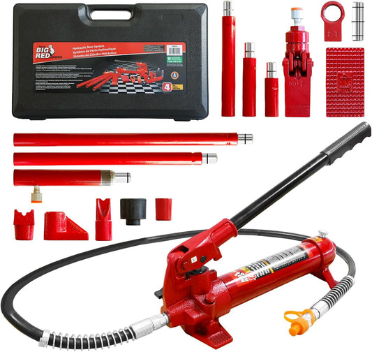 Big RED T70401S Torin Portable Hydraulic Ram: Auto Body Frame Repair Kit with Blow Mold Carrying Storage Case, 4 Ton (8,000 lb) Capacity